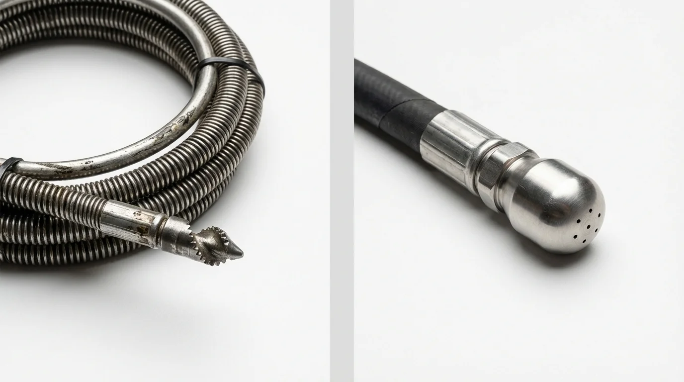 Drain snake cable and hydro jetting nozzle used for drain cleaning in Hammond, WI