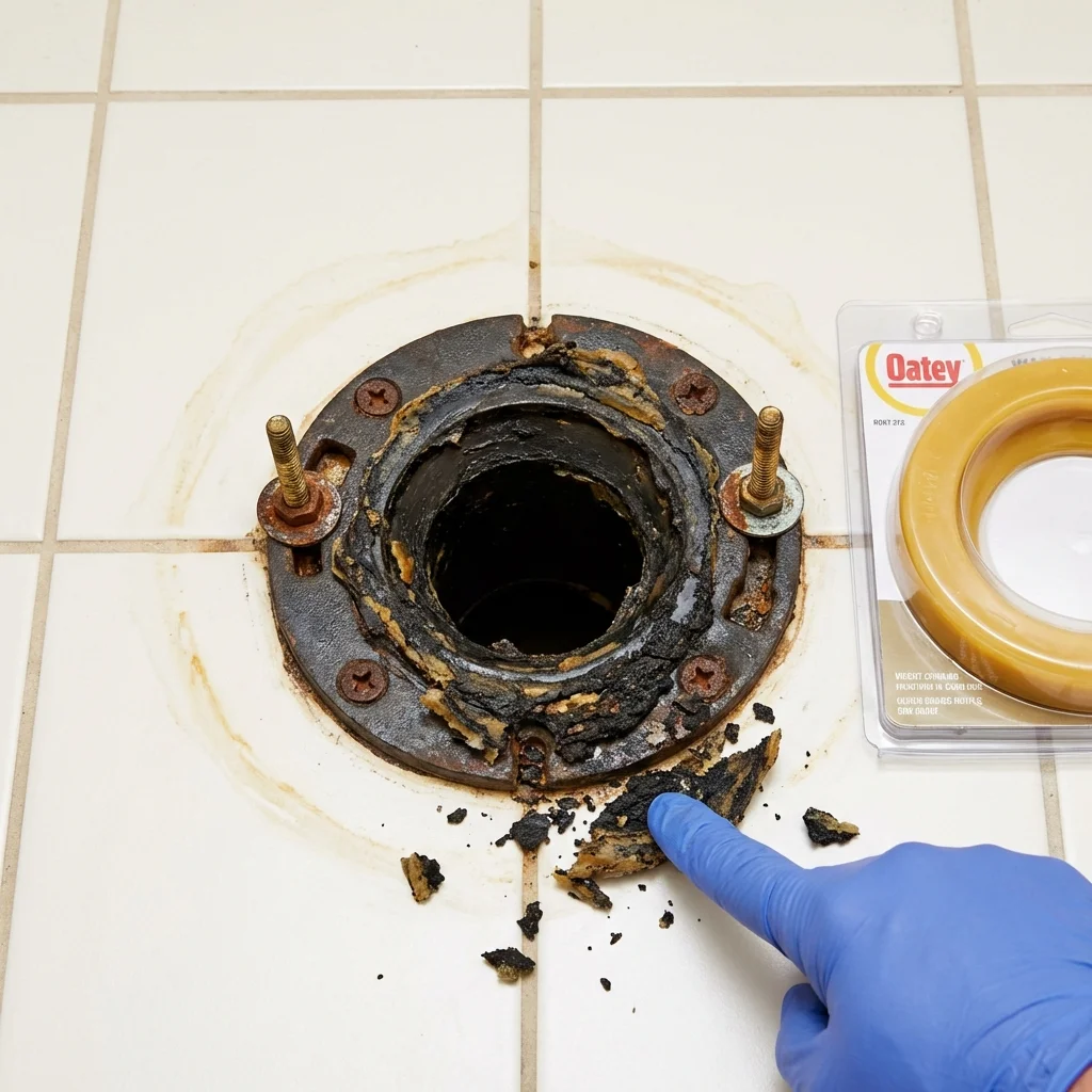 Failed wax ring showing water seepage at the base of a toilet in a Hammond, WI home