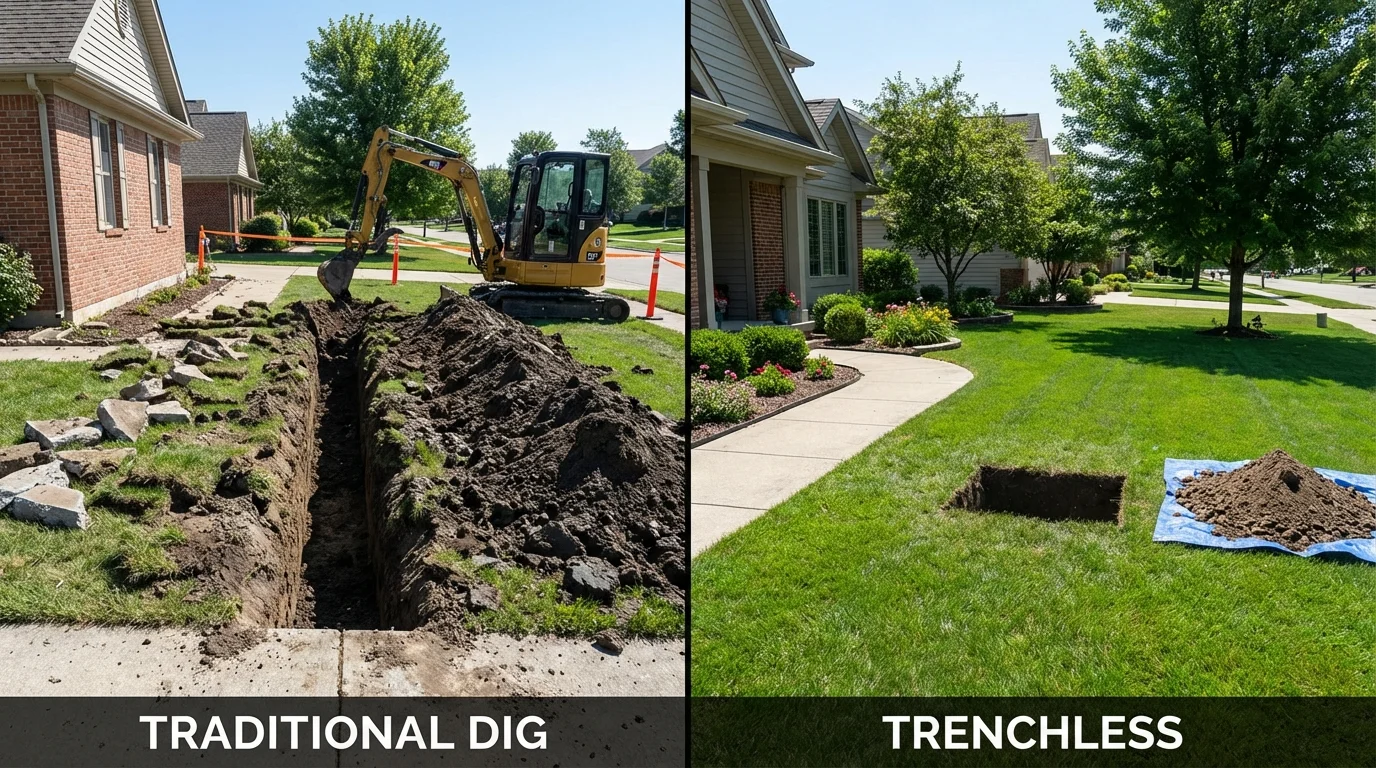 Trenchless sewer repair with minimal yard damage versus traditional excavation in Hammond, WI